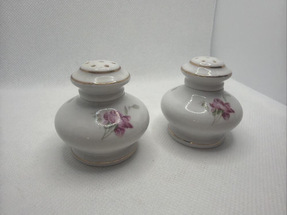Vintage White Jar Rose Painted Salt and Pepper Shakers Porcelain